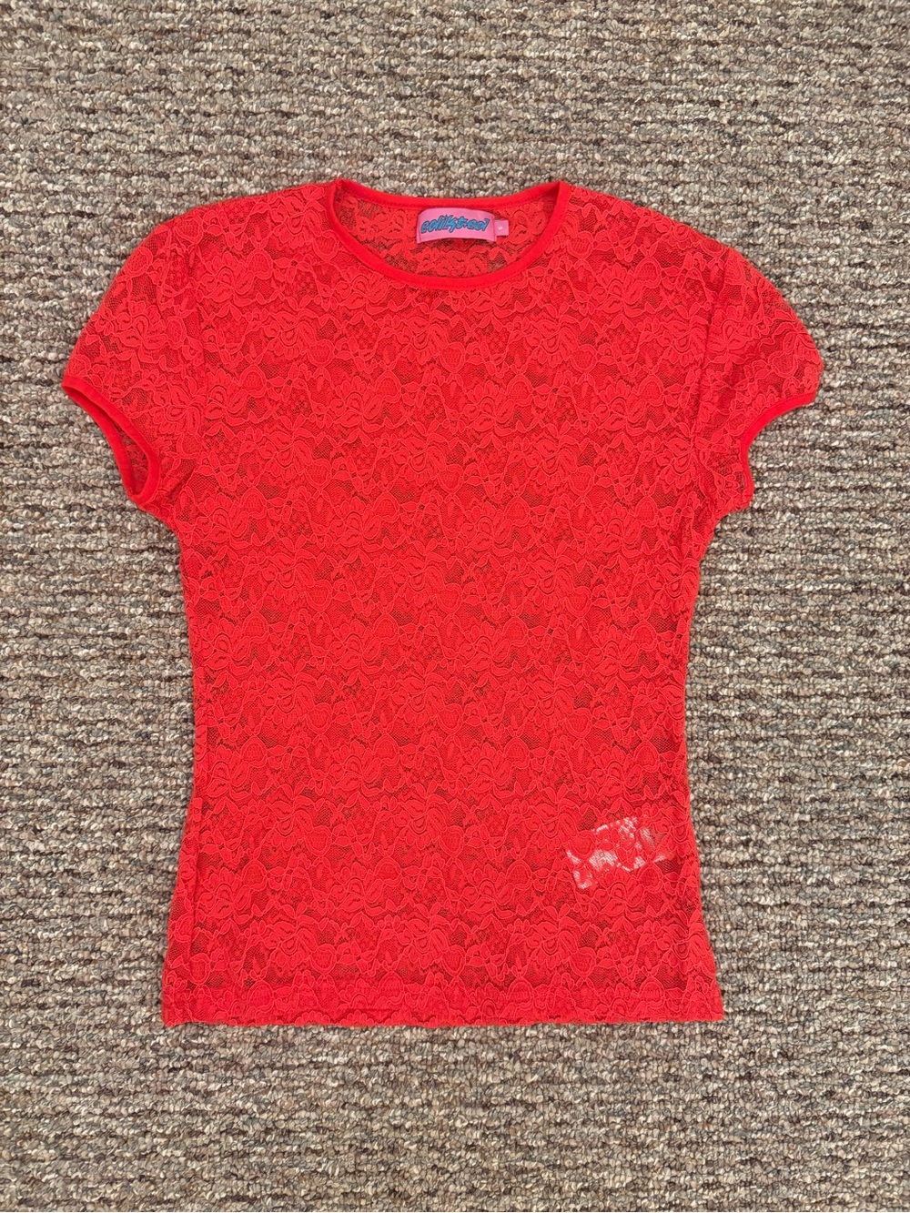 Edikted Kaori Sheer Lace Red Short Sleeve Tee
